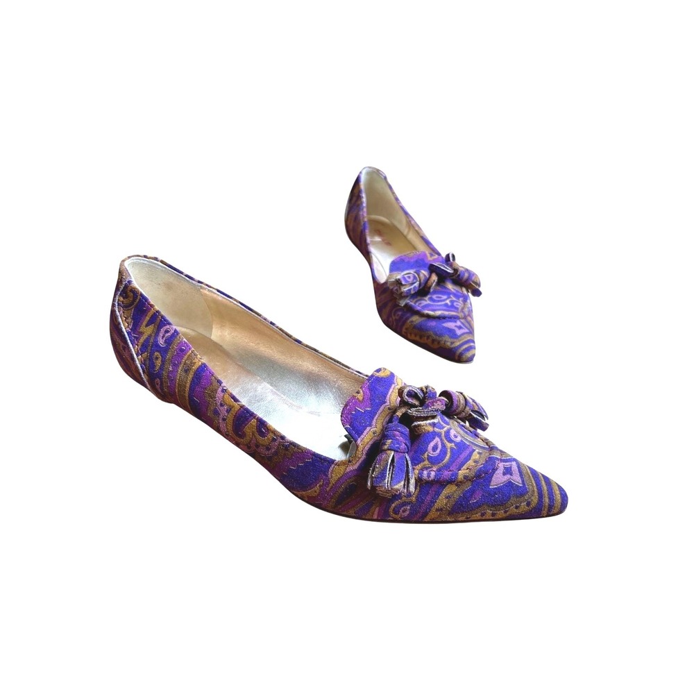VTG Y2K Etro Purple Paisley Suede Tassel Pointed Toe‎ Kitten Heel Pumps 6.5/37